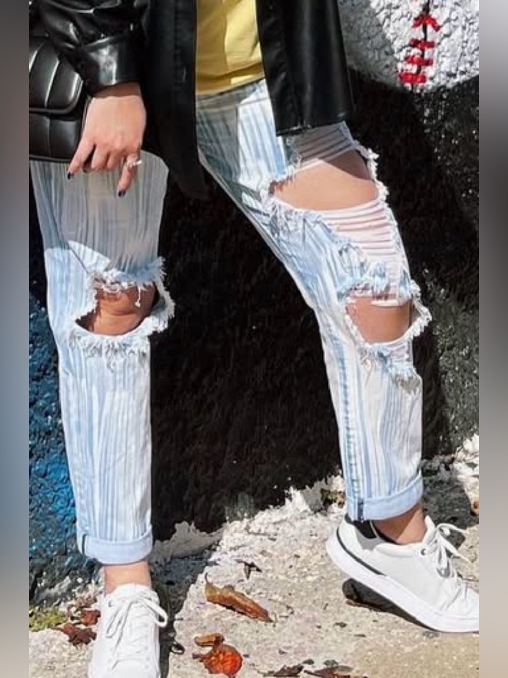Vibrant Striped Tie-Dye Distressed Boyfriend Jeans - Blue & Cream - Picture 3 of 3